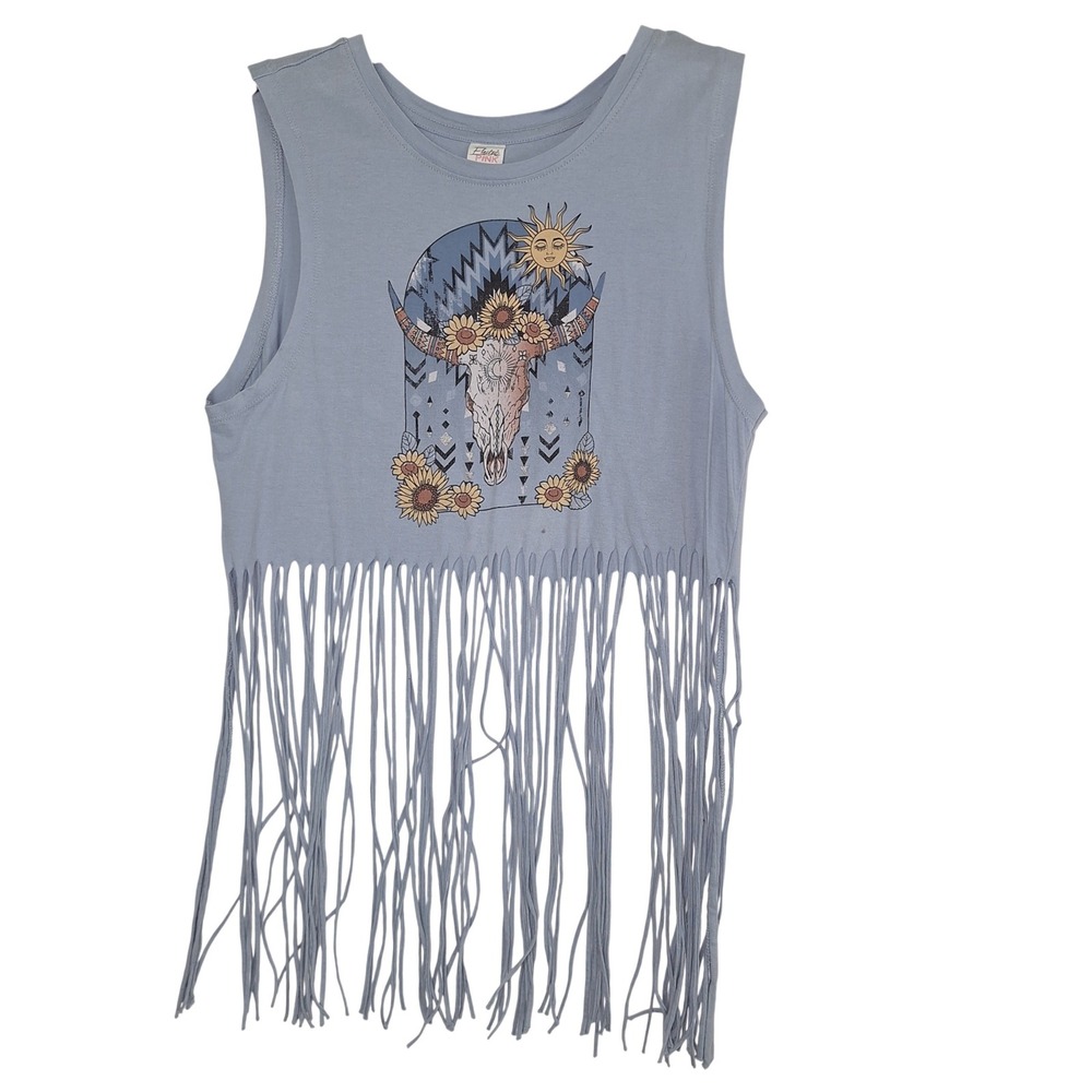 Electric Pink Women L Blue Sunflower Fringe Hem Sleeveless Tank Top 100% Cotton